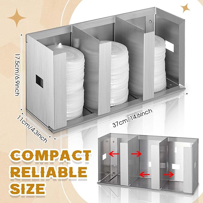 Hicarer 3 Compartments Stainless Steel Cup Dispenser with Adjustable Dividers Silver Cup and Lid Holder Lid Organizer Storage for Cabinet Kitchen Cafe Tea Shop Restaurant, Silver