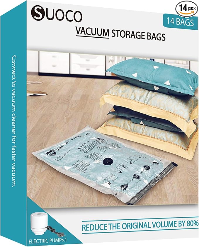 Vacuum Seal Bags for Clothing Travel and Home Storage, Travel Vacuum Bags with Electric Pump, Space Saver packing compression for Blankets Comforters Pillows Clothes, 14 Combo