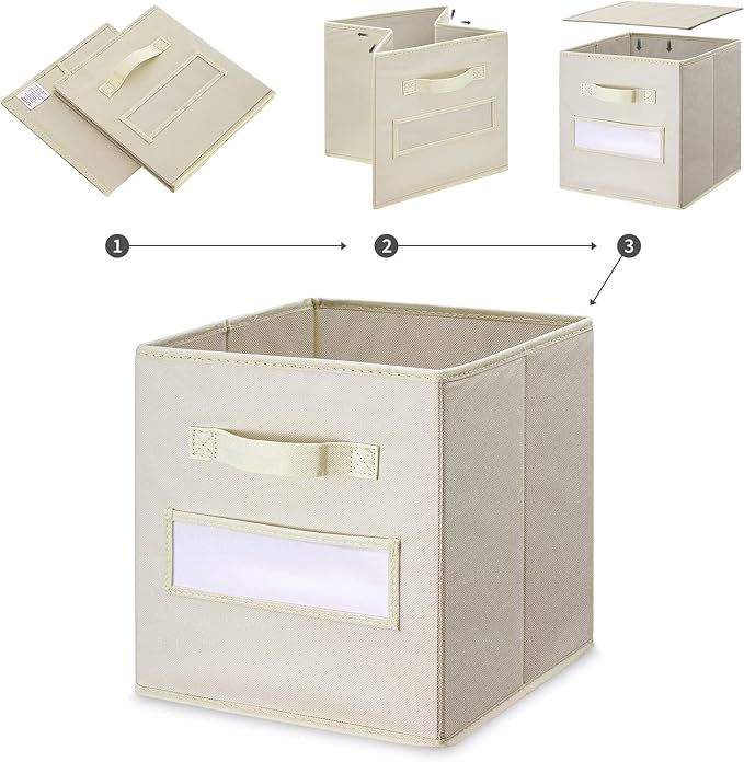13x13x13 storage cube bins(Set of 8) Fabric storage cubes with 8 Labels Window Cards & a Pen, storage cubes 13x13, Collapsible 13 inch cube storage bins, Cubby Boxes, Beige