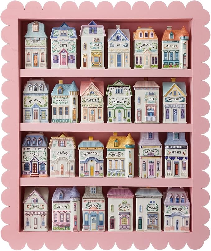 Chunful Spice Jar Wooden Rack Pink Sweet Scalloped Spice Shelf for 24 Jars, Village Style Wall Mounting Kitchen Storage Decorative Hanging Display Rack, Shelf Only(18.5 x 15.7 Inches)