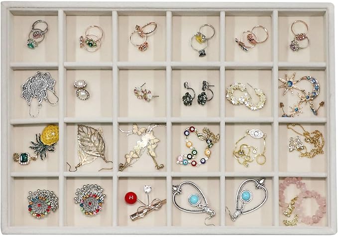 Stratalife 24 Grid Jewelry Organizer Tray, Stackable Drawer Earring Organizer with Adjustable Dividers, Jewelry Display Tray for Necklace Earring Ring Bracelet, 13.8" x 9.4" x 1.2", Beige