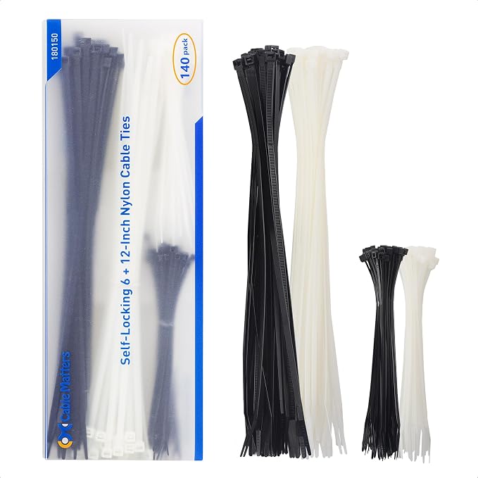 Cable Matters 140-Pack Cable Ties, 6/12 Inches, Black and White | Indoor and Outdoor, Self-Locking Nylon Zip Ties, Assorted Sizes, Tie Wraps for Multiple Use