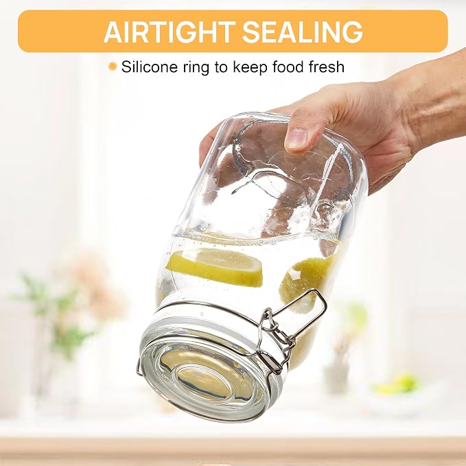 CHEFSTORY 50oz Glass Food Storage Jars with Airtight Clamp Lids, 3 Pack | Food Storage Canister for Kitchen, Pantry Organization, Square Mason Jars for Storing Sugar, Flour, Cereal,Coffee,Cookies