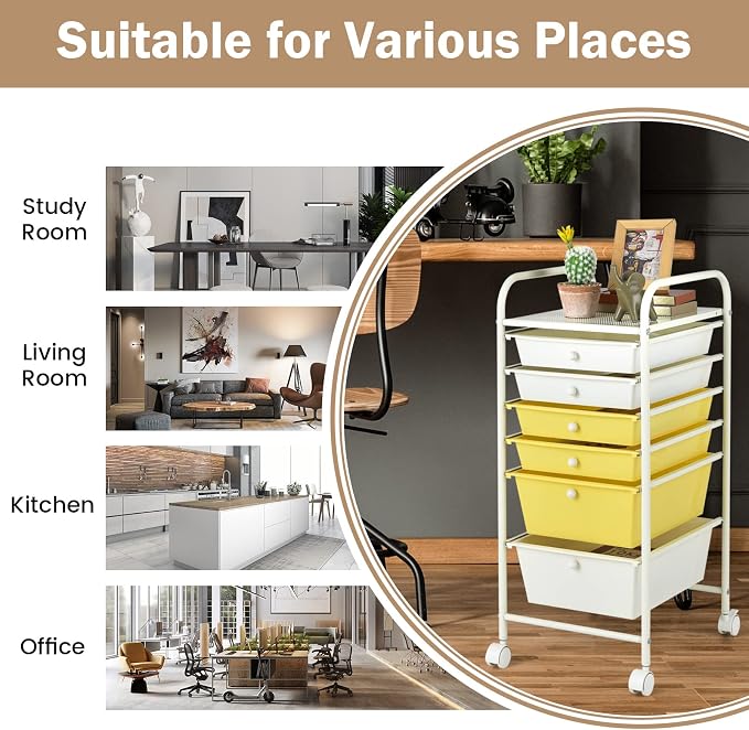 DREAMADE Rolling Cart With Storage Drawers, Utility Cart With Removable Plastic Drawers, Lockable Wheels for Classroom Organization, Art Supplies, Office, Scrapbook (6 Drawers, Yellow)