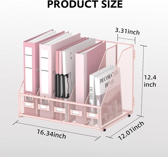 5 Vertical Compartments Magazine File Holder, Metal Binder Organizer, Pink | Space-Saving Desktop Storage, Built-In Label Holders, Anti-Slip Feet, Sized for Binders, Folders, Magazines and Files