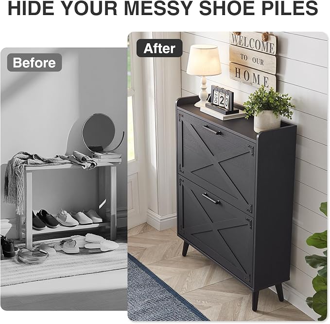 Barnyatoh Shoe Storage Cabinet, Farmhouse Shoe Organizer with 2 Flip Drawers & Barn Door Design, Freestanding Hidden Slim Narrow Shoe Rack Cabinet for Entryway, Foyer, Hallway, Black