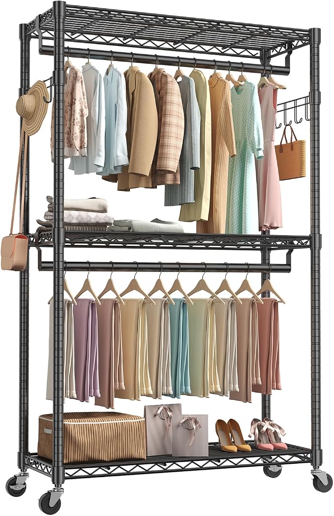 OLIXIS Rolling Clothes Rack, Heavy Duty Garment Rack, 47 IN, Metal Black | Adjustable Closet Organizer for Hanging Clothes, Portable Closet with 2 Side Hooks