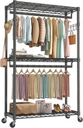 NEWBULIG Heavy Duty Clothing Rack with Wheels, 3-Tier Adjustable Wire Garment Rack, Metal Freestanding Closet Organizer System with Double Hanging Rods & 8 Side Hooks, 47"x17"x80", Black