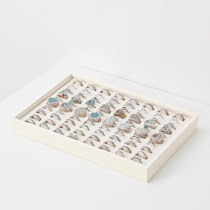 Stackable Jewelry Organizer Tray For Drawers,White Leather Small Earring Storage Tray,Bracelet And Necklace Display Box,Jewelry Ring Display Case (Creamy White 80 Grids Ring)