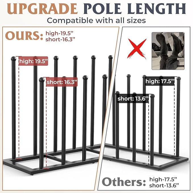 HzTinT Boot Rack, 19.5 Inches Boot Rack Organizer Tall Boots, Stainless Steel Boot Storage Holder, Free Standing Boot Racks for 12 Pairs Entryway, Closet, Black, 2Pack