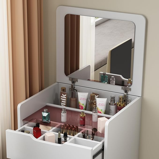 3 in 1 Vanity Desk with Mirror and Lights,Small Make Up Vanity Set with Visible Glass Desktop,Compact Makeup Vanity with 3 Drawers & Stool, Dressing Table for Bedroom
