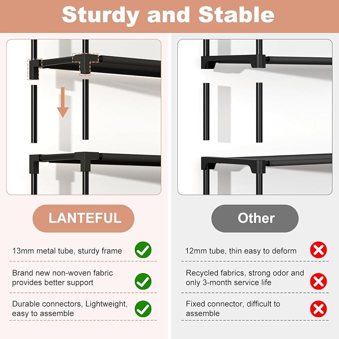 LANTEFUL 10 Tiers Shoe Rack 50 Pairs Large Capacity Tall Shoe Organizer Sturdy Shoe Storage with Two Hooks Space Saving Metal Wide Shoe Rack for Closet, Entryway, Bedroom, Black