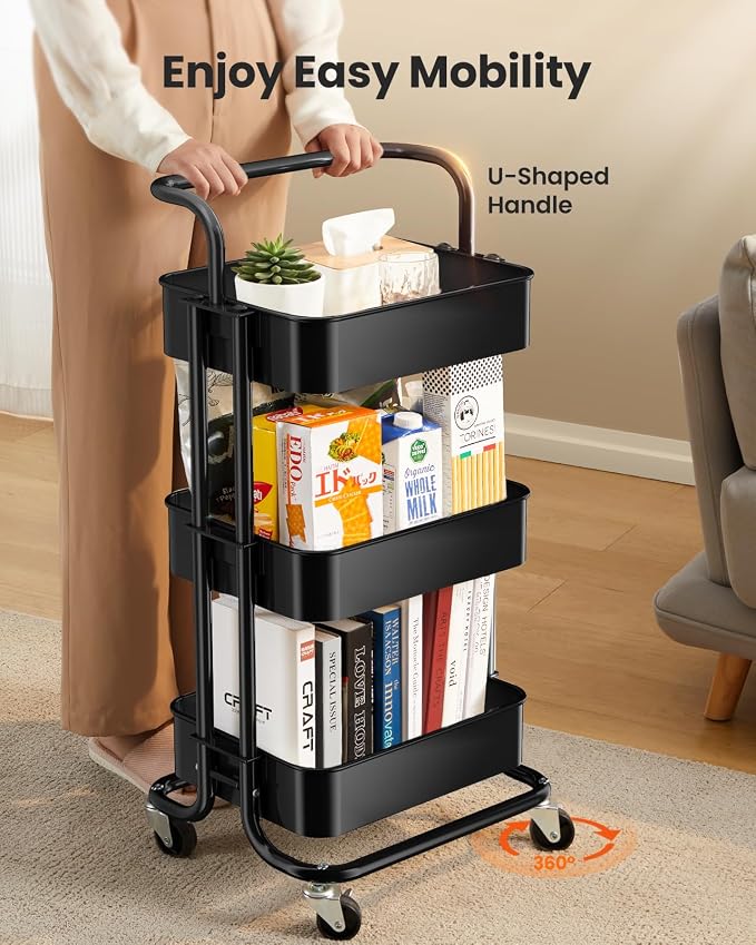 Pipishell 3 Tier Rolling Cart, Metal Utility Cart with Wheels and Handle, Rolling Storage Cart for Nursery Room, Living Room, Painting Room, Office and Kitchen, Black