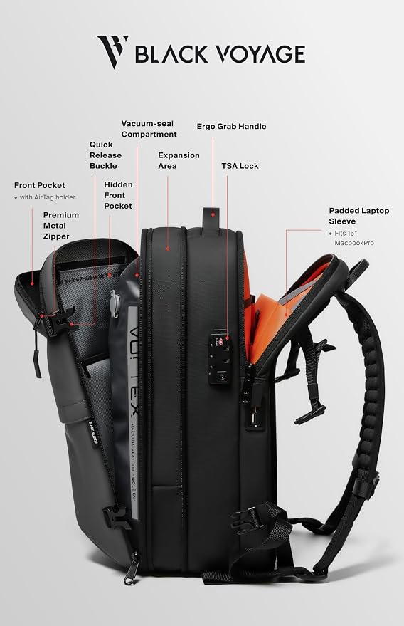 BlackVoyage Vortex Vacuum Seal Travel Backpack 60L Expandable Air Compression System Water Resistant TSA Lock Carry-On