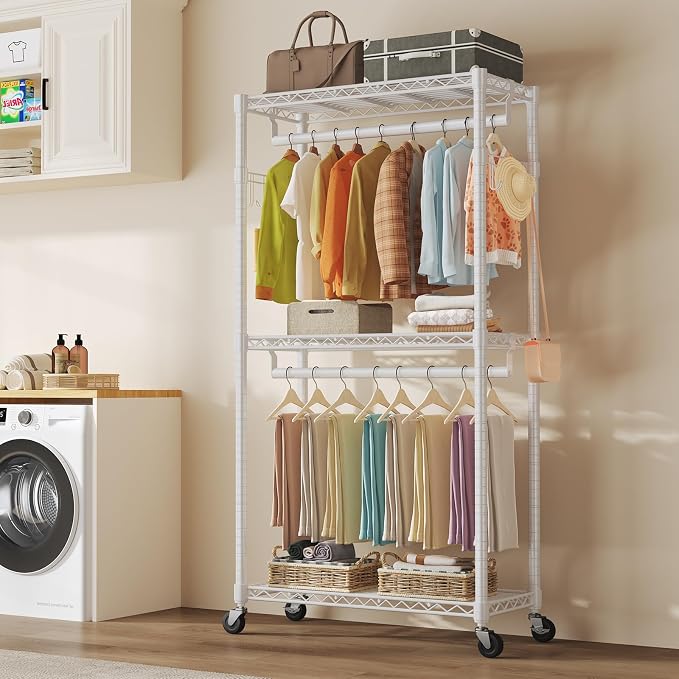 NEWBULIG Heavy Duty Clothing Rack with Wheels, 3-Tier Adjustable Wire Garment Rack, Metal Freestanding Closet Organizer System with Double Hanging Rods & 8 Side Hooks, 35" x 15" x 75", White