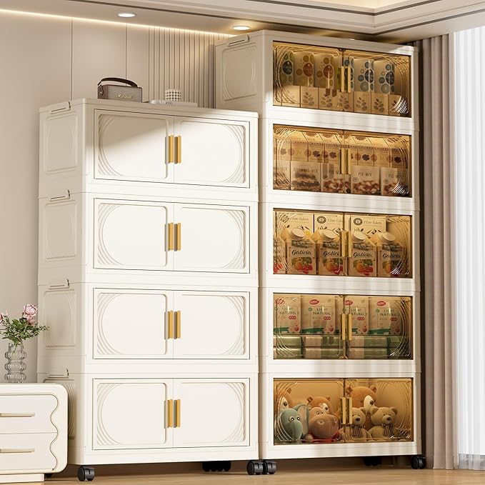 4-Tier Stackable Storage Bins with Wheels & Magnetic Doors, Foldable Collapsible Organizer Cabinet with Lids, 40 QT Arc-Design Clear Storage Boxes for Bedroom, Kitchen, Office, Dorm