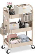 ALVOROG 3 Tier Metal Rolling Utility Cart with Pegboards,Baskets,Hook,Khaki | More Storage Craft Cart with Pegboards,Lockable Wheels,Hooks & Baskets to Organize Kitchen,Office,Bedroom and DIY Supplies