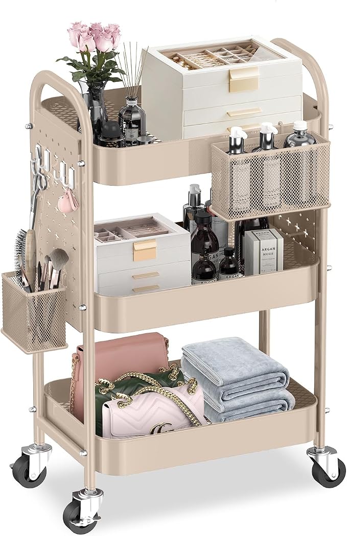 ALVOROG 3 Tier Metal Rolling Utility Cart with Pegboards,Baskets,Hook,Khaki | More Storage Craft Cart with Pegboards,Lockable Wheels,Hooks & Baskets to Organize Kitchen,Office,Bedroom and DIY Supplies