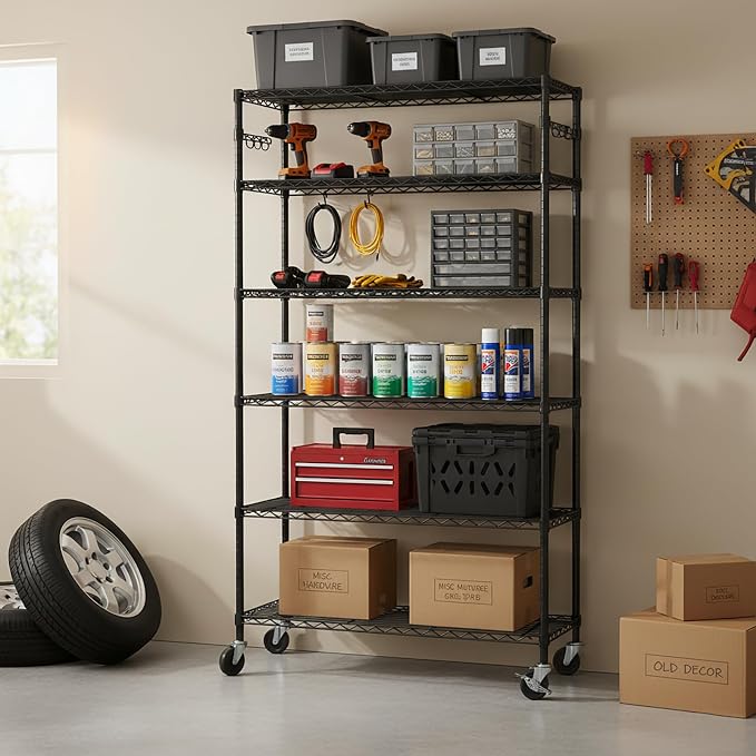 Folews 6-Tier Metal Storage Rack with Wheels, NSF Sturdy Adjustable Wire Shelving Unit for Garage Kitchen Pantry Laundry Room, 36" W x 14" D x 75" H Large Rolling Organizer Shelf Easy Assembly, Black