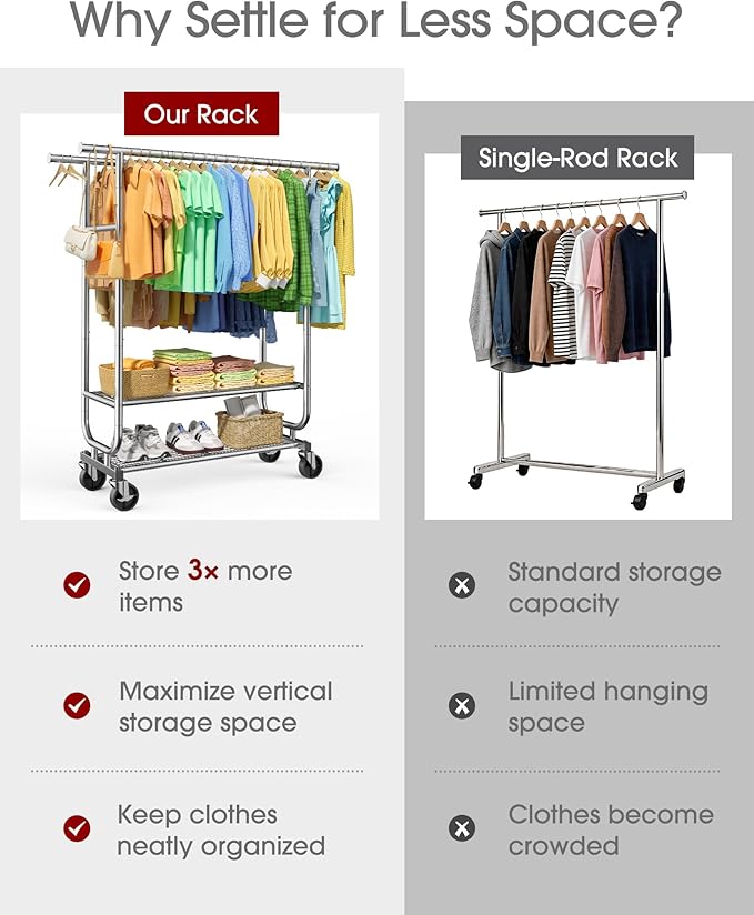 Sakugi Double-Rod Garment Rack 2-Tier 42.5x16.9x65.2 Silver with Wheels | Bedroom, Closet, Laundry Room, Heavy Duty, Stainless Steel
