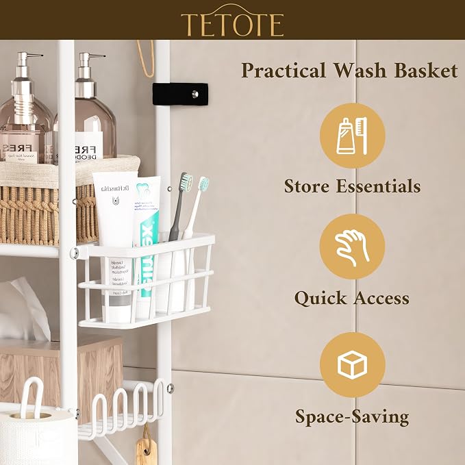 TETOTE Over The Toilet Storage Rack, 3-Tier Bathroom Organizer Shelf Over Toilet with Toilet Paper Roll Holder, Freestanding Metal Rack, White