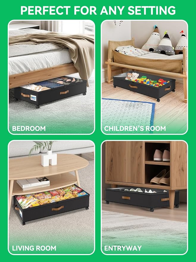 Under Bed Storage with Wheels, Under the Bed Storage Containers Lids | 2-Pack 58L & 1-Pack 15L Box, Organizer Bins Rolling Underbed Storage for Clothes, Underwear, Socks, Shoes