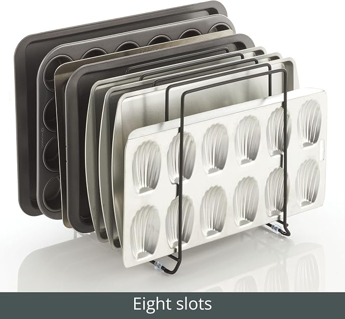 mDesign Large Metal Wire Organizer Rack for Kitchen Cabinet, Pantry, Shelves - Holder with 8 Slots for Baking Sheets, Skillets, Frying Pans, Pots, Lids, Cutting Boards, and Appliances - Black