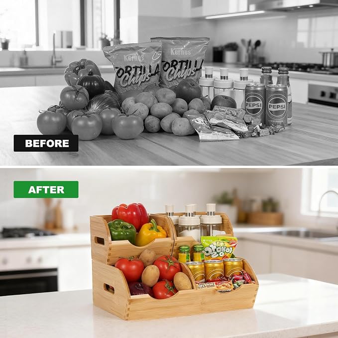 Bamboo Pantry Organizer Bins, Countertop Storage Container for Onion and Potato, Upgraded Airflow Design Keeps Fruits and Vegetables Fresh, Multi-Purpose for Kitchen, Snack Storage, Bathroom(3 Pack)