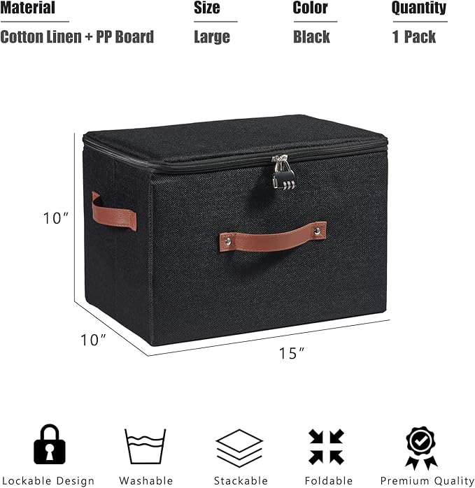 Storage Bins Boxes with Zipper Lid Combination Lock PU Leather Handles Cotton Linen Fabric Lidded Lockable Baskets Foldable Washable Closet Shelf Organizer Container (Black, Large)