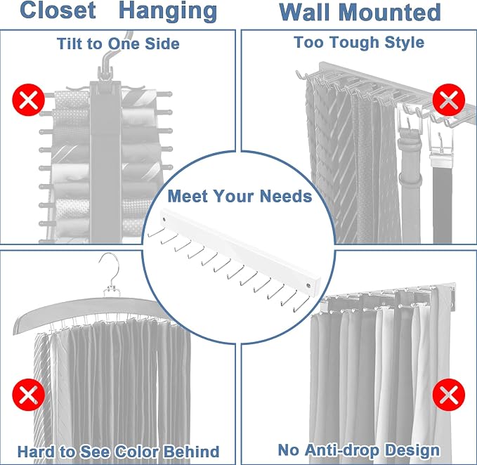 【2 in 1】 2 Pack Tie Organizer Belt Organizer Wall Mounted, Space Saving Tie Rack Belt Hanger for Closet with 24 Storage Hooks, Belt Tie Holder for Closet Organizer Storage White