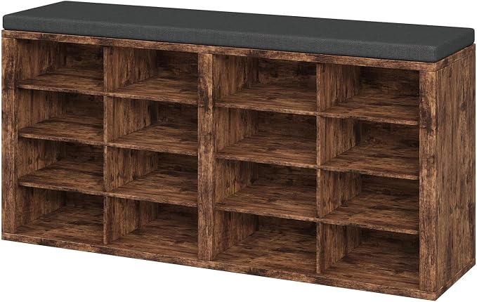 Shoe Storage Bench with Cushion Shoe Rack for Entryway 16 Cubby Multifunctional Organizer Bench Entryway with Soft Sponge Cushion for Hallway Living Room Bedroom (Rustic Brown & Dark Gray)