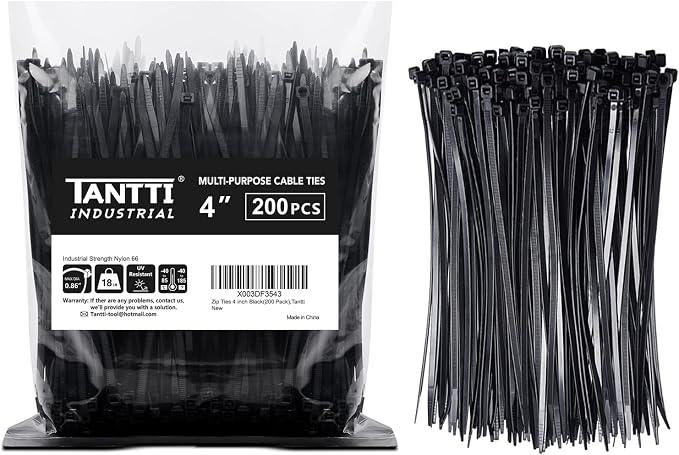 Zip Ties 4 inch (200 Pack), Small Zip Ties with 18 lb Tensile Strength, Black, by Tantti Supply | 18 lb Tensile Strength, Small