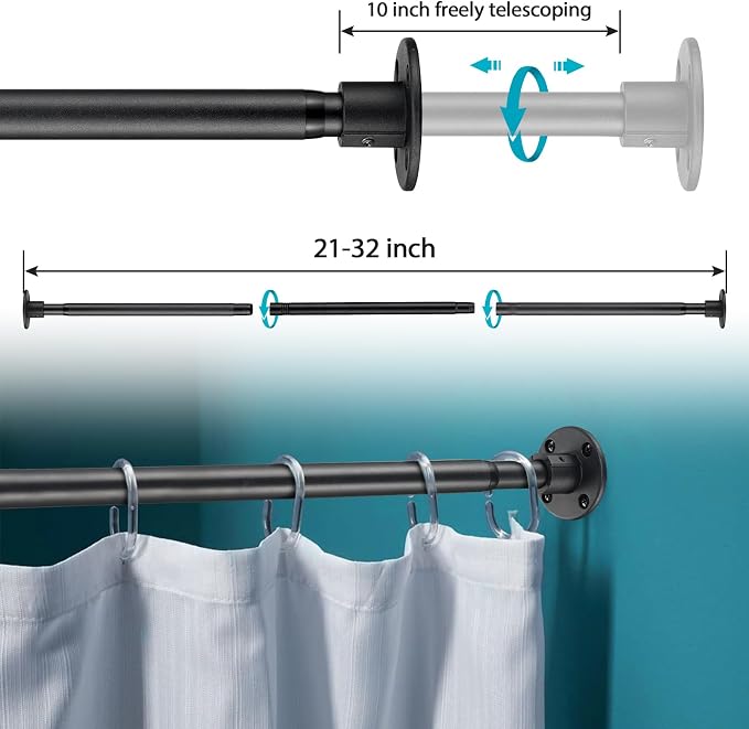 Shower Curtain Rod, Closet Rod 21-32 Inch，Adjustable Heavy Duty Shower Rods for Bathroom Wall Mounted Permanent Industrial Shower Curtain Rod Rust Proof Stainless Steel Black