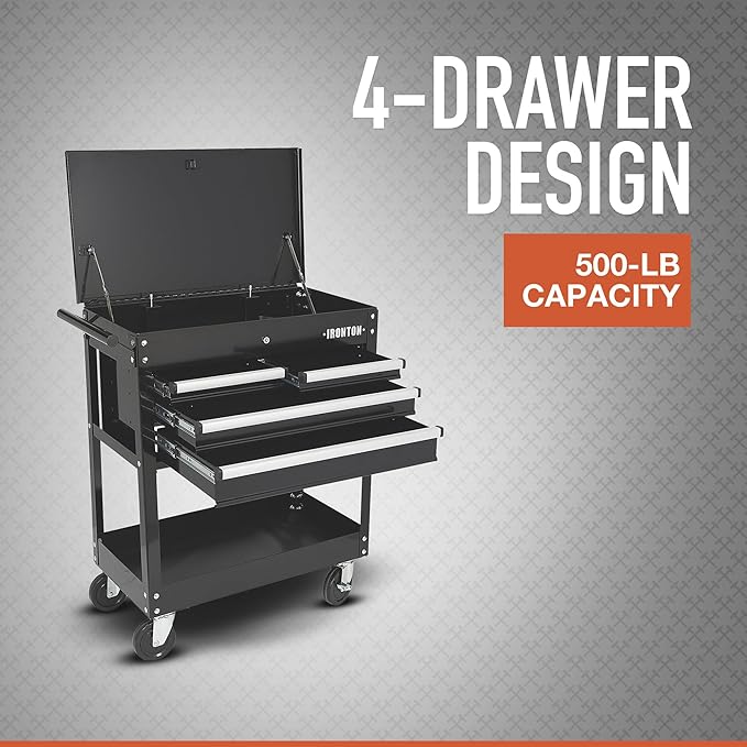 Ironton Slide-Top Mobile Tool Chest, 4 Locking Drawers, Powder-Coat | Rust-resistant finish, Fully opening slide top, Rolling mobility, Secure garage/shop storage, Quick-access organization