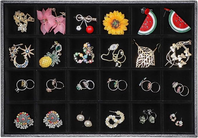 Stratalife 24 Grid Jewelry Organizer Tray, Stackable Drawer Earring Organizer with Adjustable Dividers, Jewelry Display Tray for Necklace Earring Ring Bracelet, 13.8" x 9.4" x 1.2", Black