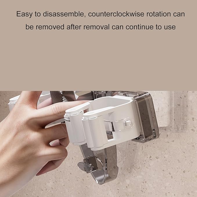 Suction Cup Mop Holder, No Drill Mop and Broom Rack Wall Mounted with Hooks and 2 Clips, Removable Broom Holder Mop Hanger for Bathroom, Kitchen, Office, Utility Room, Laundry, Garage (Clear)