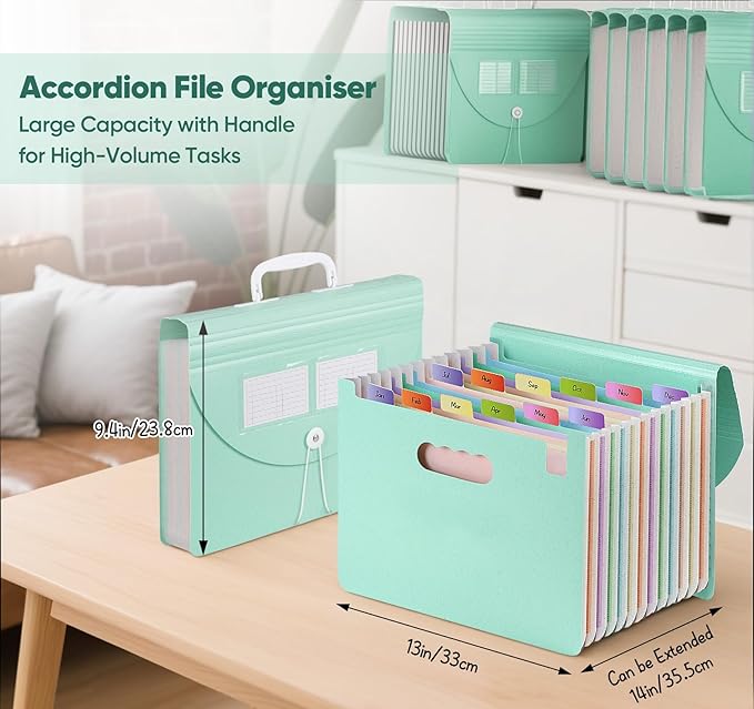 Agoer 13 Pockets Accordion File Organizer,Wheat Straw Expanding File Folder with Handle & Labels,Monthly Paper Bill Receipt Organizer,A4/Letter Size Document Storage for School College Home Office