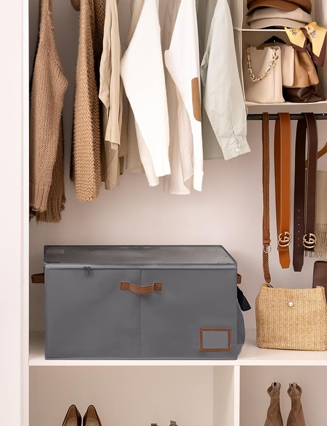 StorageWorks Large Shoe Storage Organizer for Closet, Up to 20 Pairs, Gray | Fixed Compartments, Clear Lid & Label Window, Side Mesh Pocket for Accessories, Soft Handles, Fits Flats, Sandals & Low-Tops