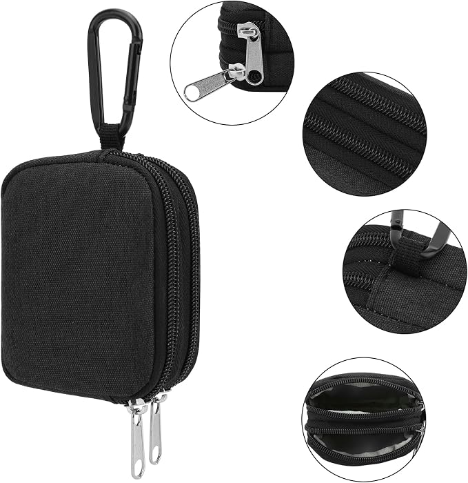 E-Tree Coin Purse with Carabiner Clip, Dual Layer Card Case Holder, Mini Pouch for AirPod Earphone Keychain USB Cable,Wallet, Small Accessories Organizer Bag for Women and Men (Black-Side Zippers)