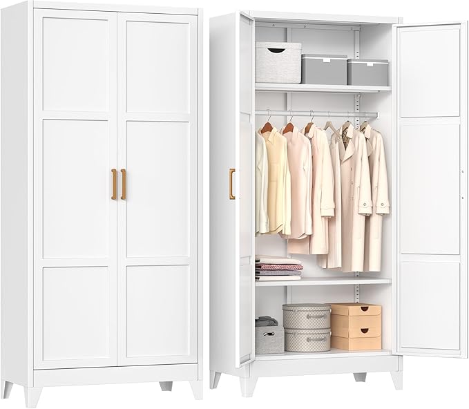 INTERGREAT 71” H Metal Wardrobe Cabinets with 2 Doors, Large Clothing Storage Cabinets with Hanging Rod and Adjustable Shelves, Closet for Home Living/Laundry Room/Department (White)