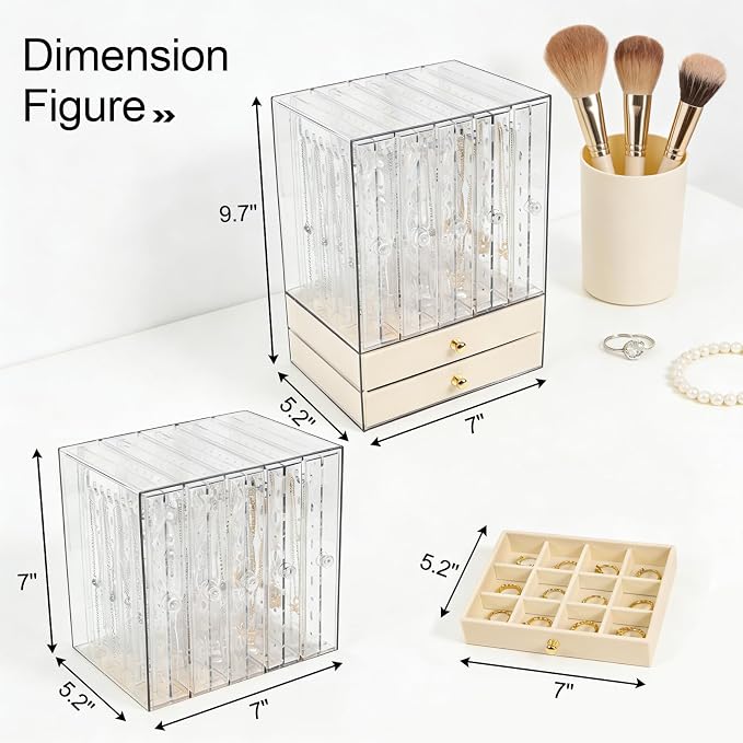 Greenfeather Jewelry Organizers and Storage, Clear Acrylic Jewelry Box with 40 Necklace Hooks 120 Pairs of Earring Holes 2 Velvet-Lined Drawers for Rings Necklaces Earrings