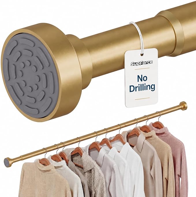 Closet Rod, No Drill Tension Closet Rod for Hanging Clothes, 17-69in, Gold | Quick Tool-Free Install, Non-Slip Rubber Ends Grip Securely, Heavy-Duty Rod Supports Up To 66 lb In Closet, Laundry Rooms, RV