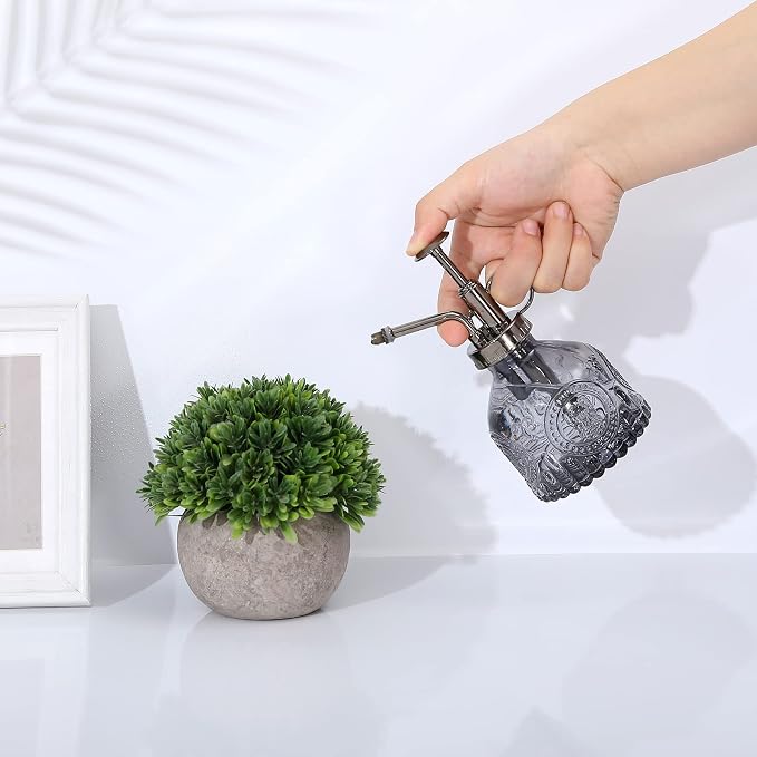 Glass Plant Mister Spray Bottle, Vintage Plant Water Spritzer, Succulent Spray Bottle with Top Pump, Small Glass Sprayer Mister Watering Can for Indoor Outdoor Houseplant - Grey