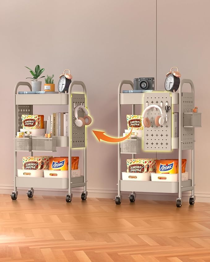ALVOROG 3 Tier Metal Rolling Utility Cart with Pegboards,Baskets,Hook,Khaki | More Storage Craft Cart with Pegboards,Lockable Wheels,Hooks & Baskets to Organize Kitchen,Office,Bedroom and DIY Supplies