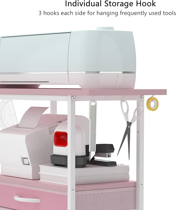 VENNQD Organizer and Storage Stand Compatible with Cricut Machines, Rolling Storage Cart/Shelf with 24 Vinyl Roll Holders, 2 Fabric Drawer, Accessories Holder, Tool Hook for Craft Room Home (Pink)