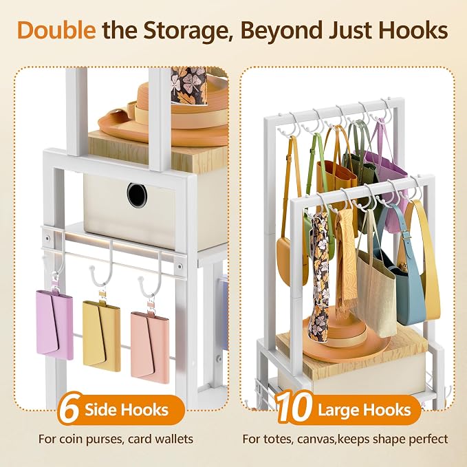 Tall Purse Organizer for Closet: 4-Tier Double Rods Purse Rack Stand,White | With 10 Purse Hanger & 6 Side Hooks, Visible Backpack Handbag Storage, Space-Saving Narrow Purse Shelf for Small Space, Home