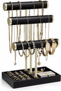 VLANDO 3 Tier Bracelet Holder Organizer with Tray - Leather Jewelry Stand Organizer for Women - Jewelry Holder Display for Necklace, Watches, Rings, Earrings, Bangle, Scrunchie - Black