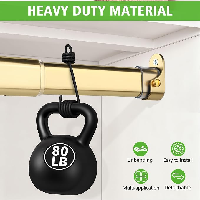 Oval Closet Rod for Hanging Clothes 18.2 to 31 Inch, Includes End Supports, Adjustable Wardrobe Tube, Heavy Duty Extendable Closet Pole, Carbon Steel, Gold