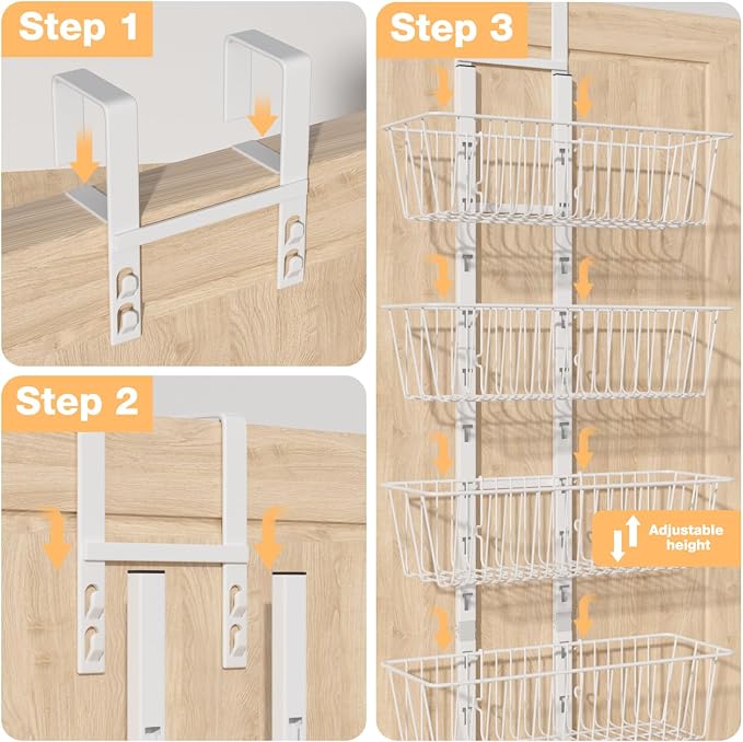 8 Tier Over the Door Pantry Organizer, Over the Door Spice Rack with Adjustable Baskets, Metal Hanging Door Pantry Organizers and Storage for Kitchen Bathroom Bedroom, White