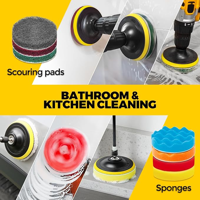 Holikme 22Pack Drill Brush Attachments Set,Scrub Pads & Sponge, Buffing Pads,Power Scrubber Brush,Car Polishing Pad Kit,Wax Applicator Pad,Car Cleaning Kit,Masonry Brushes,Cleaning Supplies | Buffing Sponges, Nylon Grout Tools, Microfiber Wax Pads, Til...